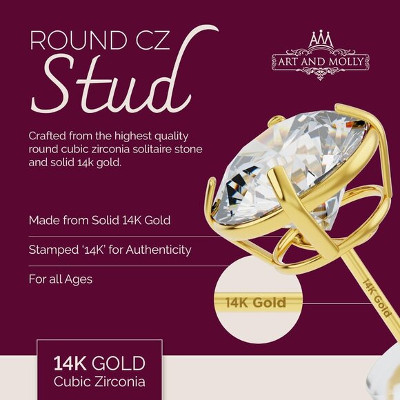 Solid 14k Yellow Gold Solitaire Round Cubic Zirconia CZ Stud Earrings with 14k G - Picture 4 of 9